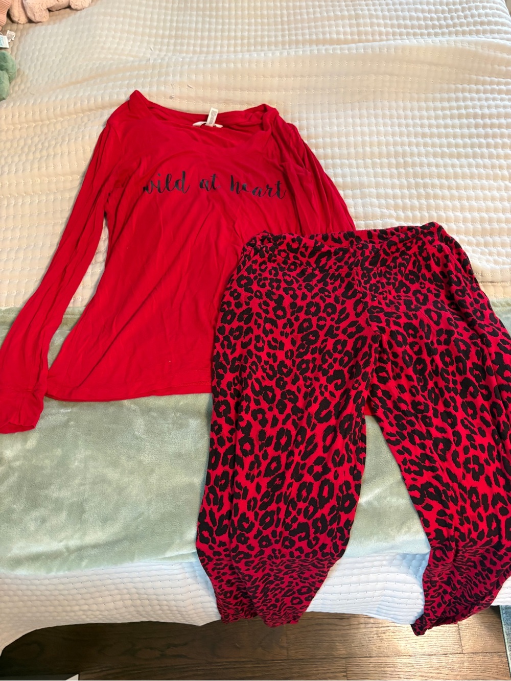 Red 'Wild at Heart'  Pajama Set with Leopard Print Pants